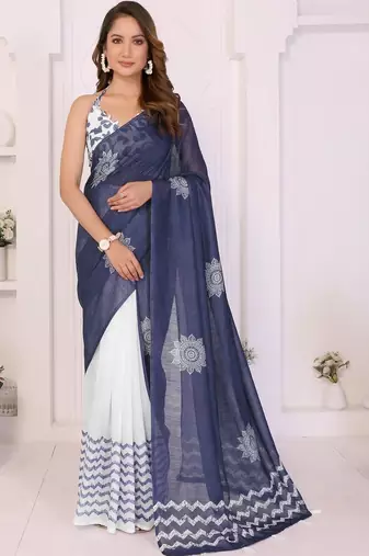 Blue linen printed saree with blouse