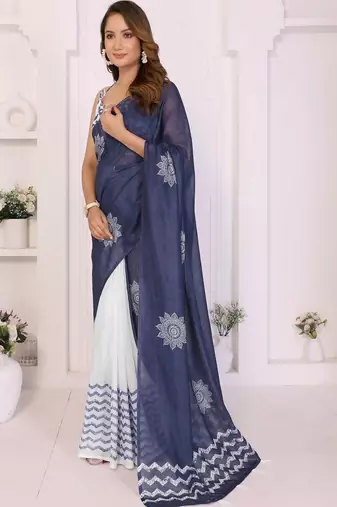 Blue linen printed saree with blouse