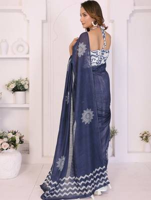Blue linen printed saree with blouse 4