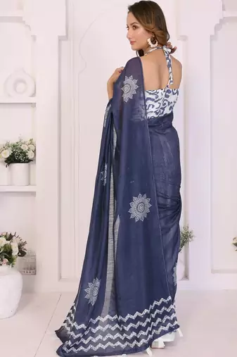 Blue linen printed saree with blouse