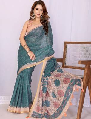 Teal linen  saree with blouse 1