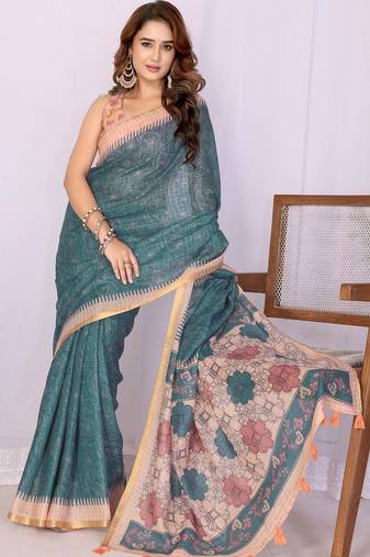 Teal linen  saree with blouse