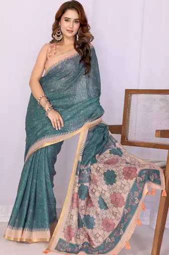 Teal linen  saree with blouse
