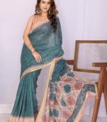 Teal linen  saree with blouse