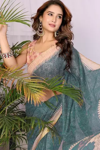 Teal linen  saree with blouse