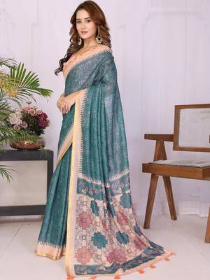 Teal linen  saree with blouse 3