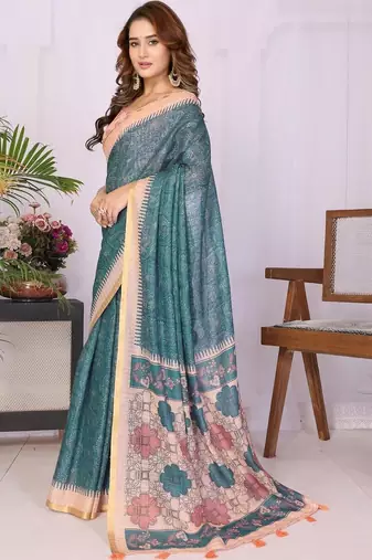 Teal linen  saree with blouse