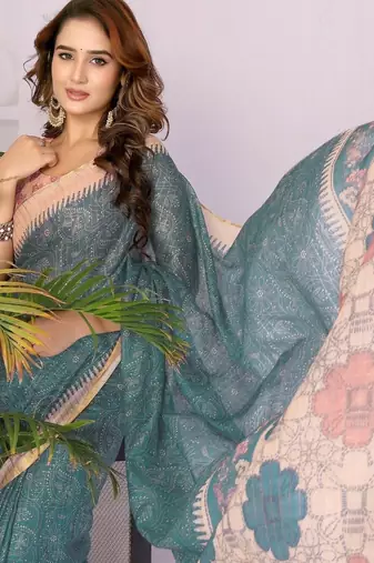 Teal linen  saree with blouse