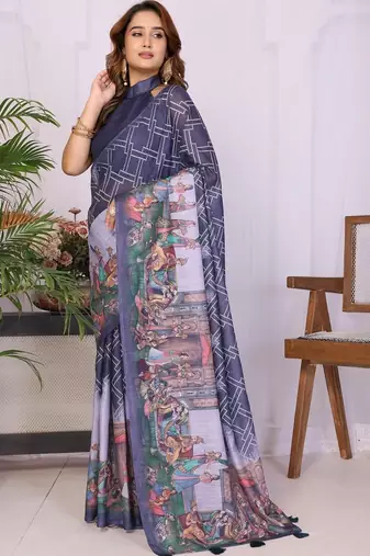 Navy blue linen  saree with blouse