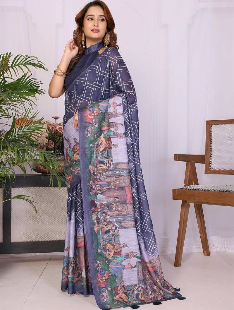 Navy blue linen  saree with blouse