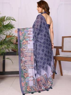 Navy blue linen  saree with blouse 3
