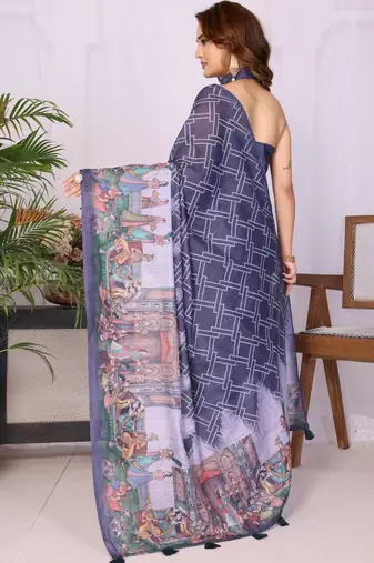 Navy blue linen  saree with blouse