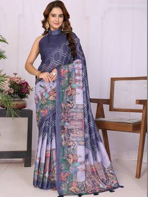 Navy blue linen  saree with blouse 5