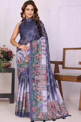 Navy blue linen  saree with blouse