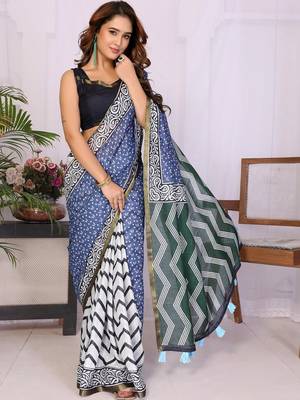 Blue linen  saree with blouse 1