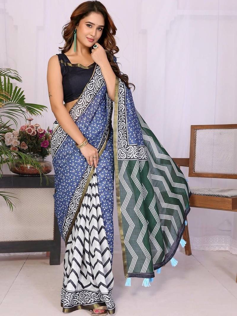 Blue linen  saree with blouse