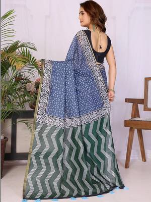 Blue linen  saree with blouse 3