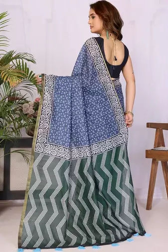 Blue linen  saree with blouse