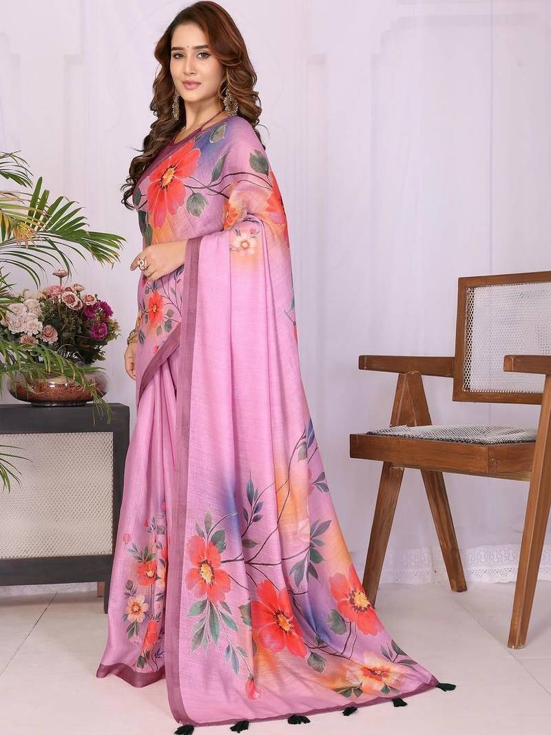 Pink linen  saree with blouse