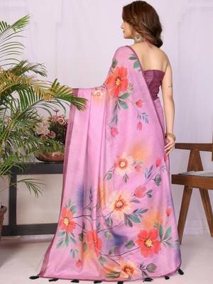 Pink linen  saree with blouse 3