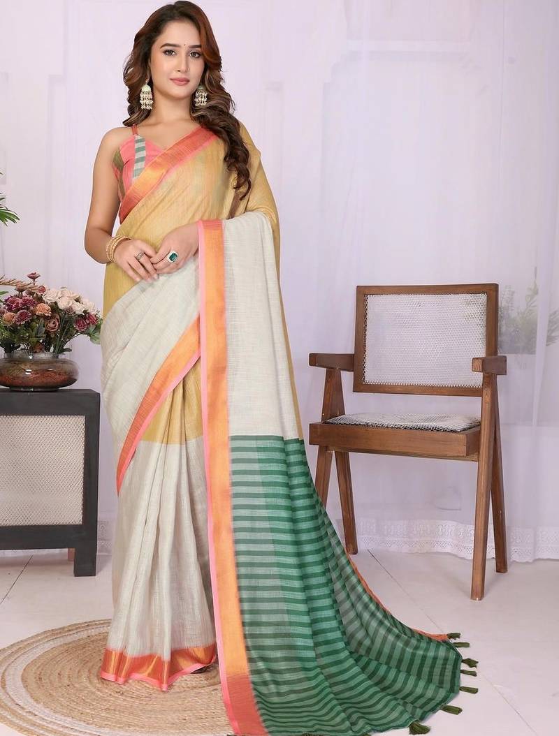 Multicolor linen striped saree with blouse
