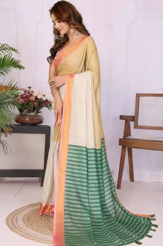 Multicolor linen striped saree with blouse