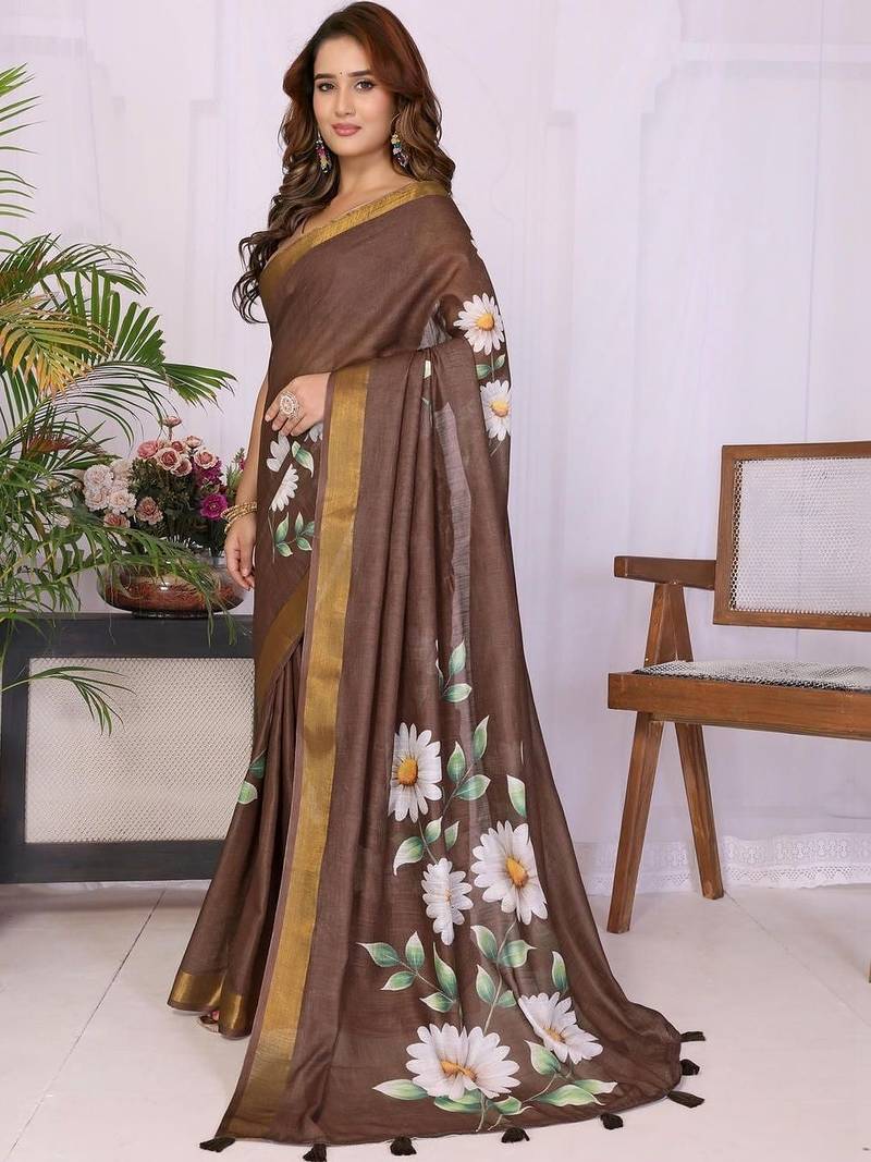 Brown linen  saree with blouse