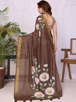 Brown linen  saree with blouse 3