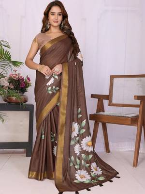 Brown linen  saree with blouse 5