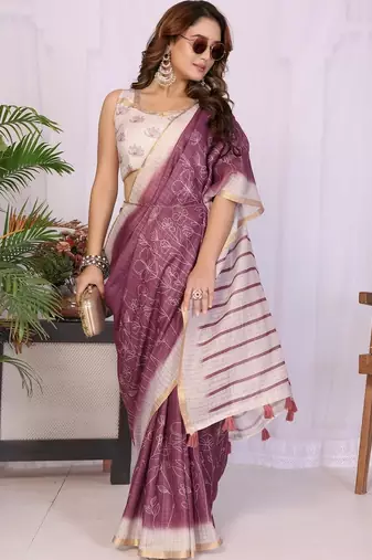 Purple linen striped saree with blouse