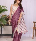 Purple linen striped saree with blouse