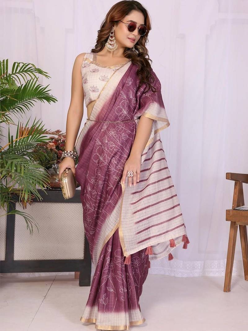 Purple linen striped saree with blouse