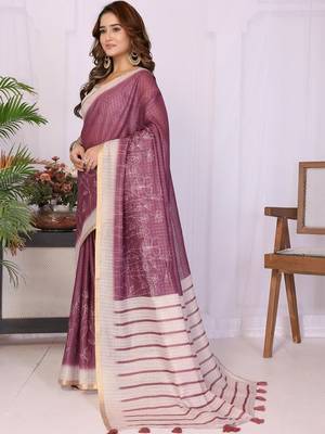 Purple linen striped saree with blouse 3