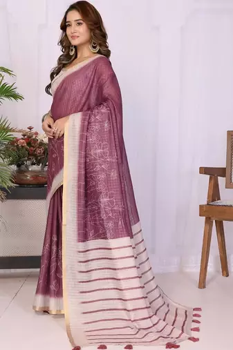 Purple linen striped saree with blouse