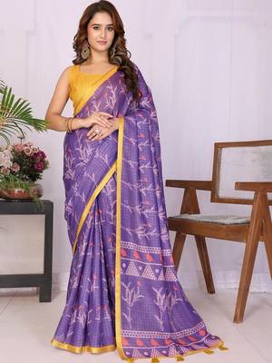 Purple linen printed saree with blouse 1