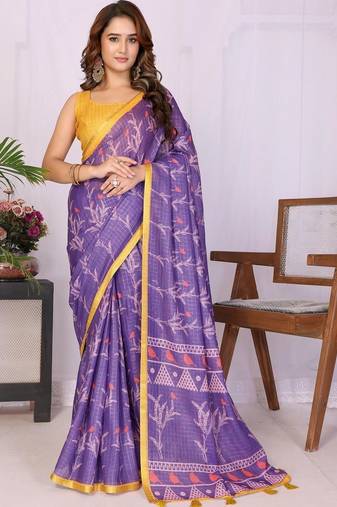 Purple linen printed saree with blouse