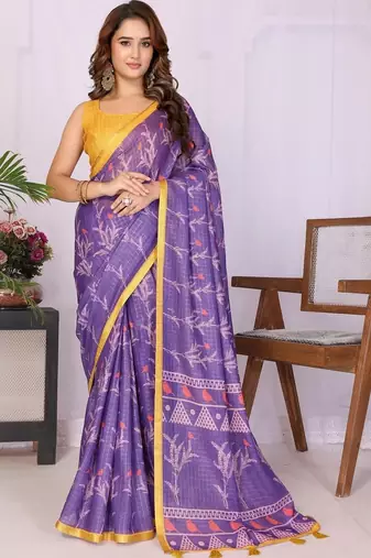 Purple linen printed saree with blouse