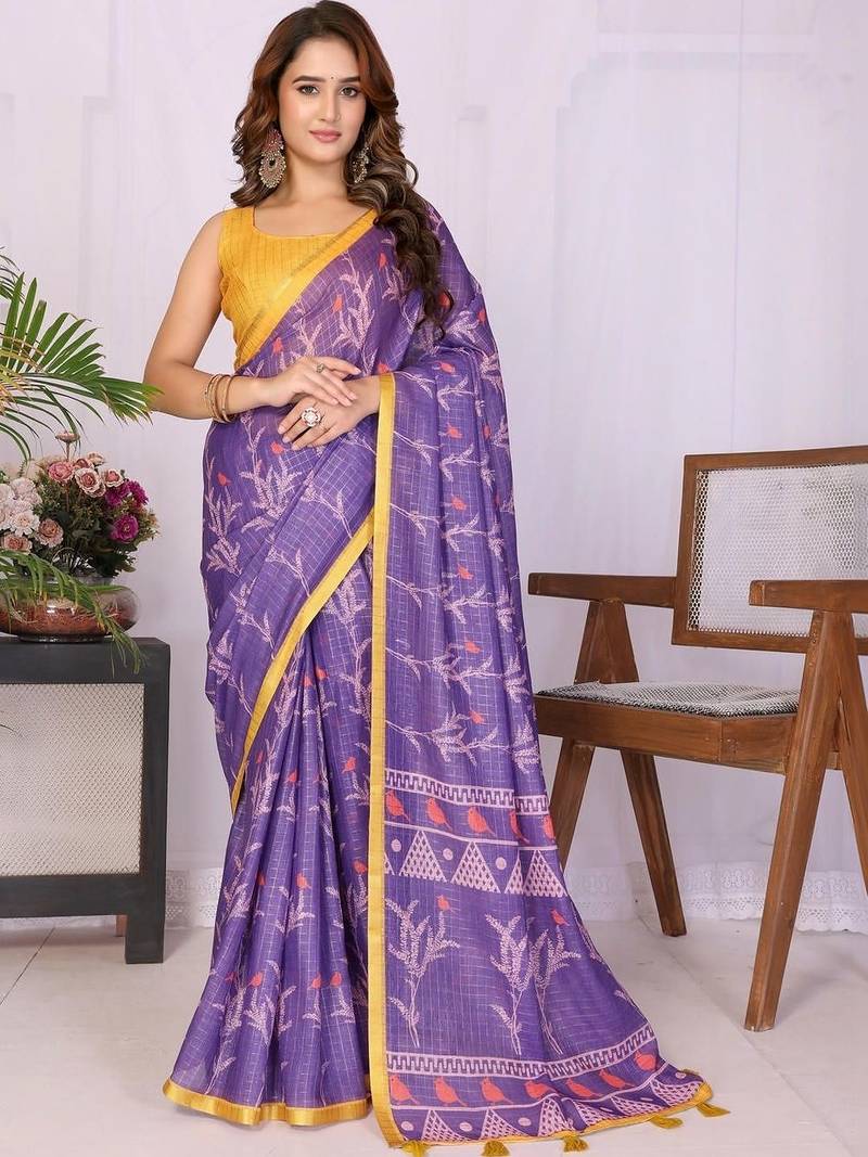 Purple linen printed saree with blouse
