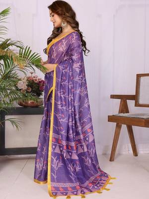 Purple linen printed saree with blouse 3