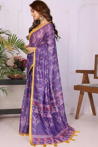 Purple linen printed saree with blouse
