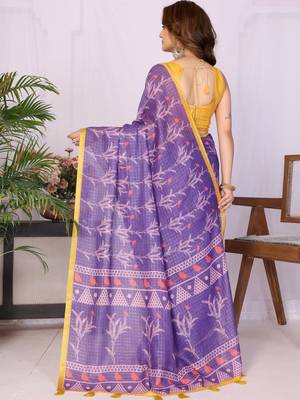 Purple linen printed saree with blouse 4