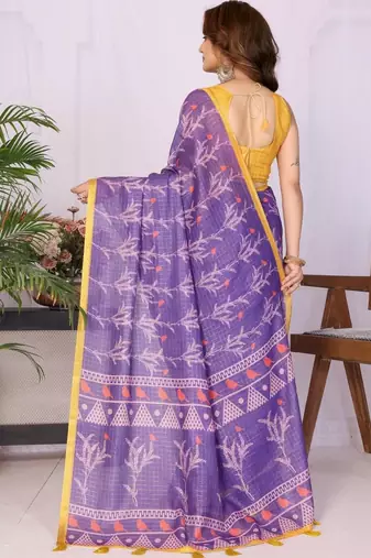 Purple linen printed saree with blouse