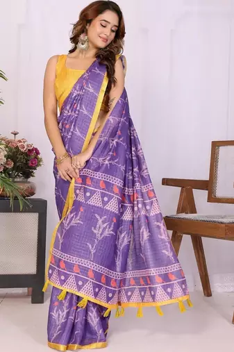 Purple linen printed saree with blouse