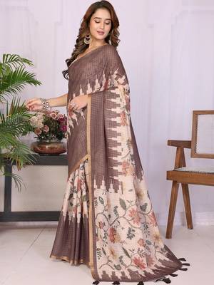 Brown linen  saree with blouse 1