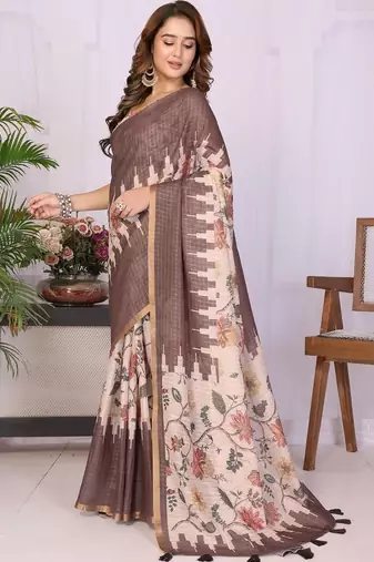 Brown linen  saree with blouse