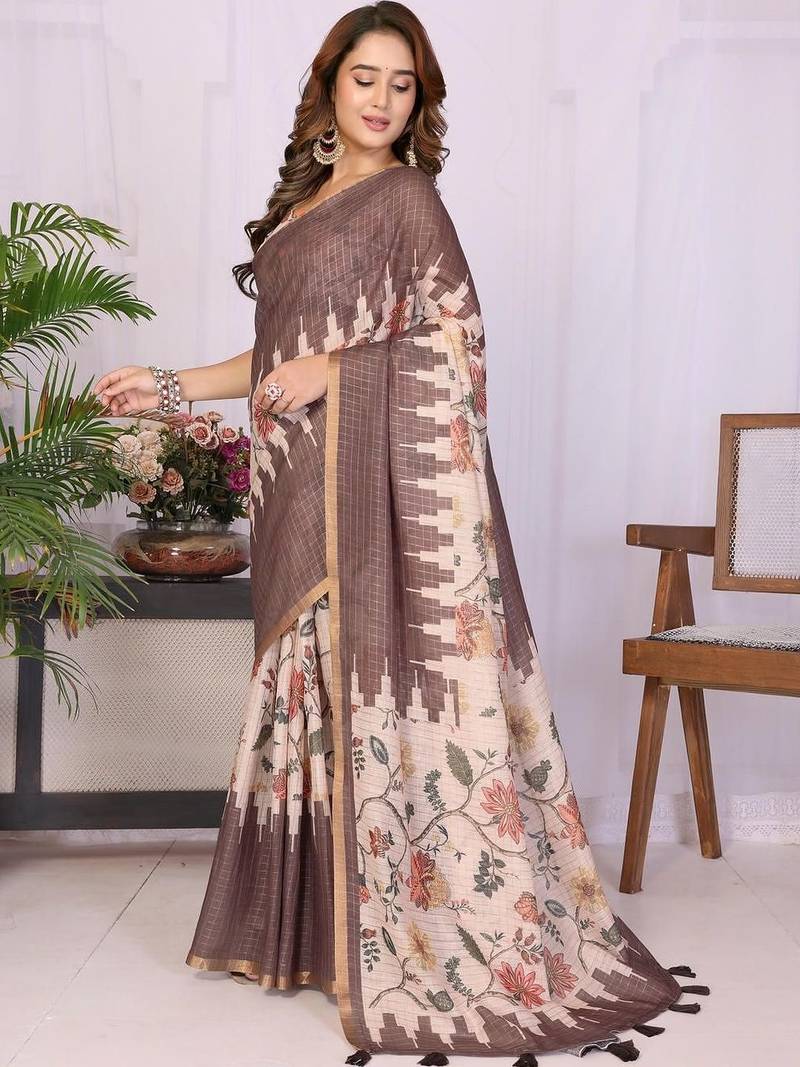 Brown linen  saree with blouse