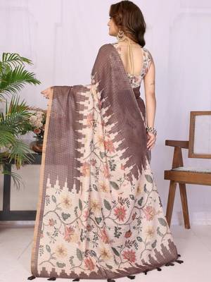 Brown linen  saree with blouse 3