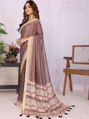 Brown linen  saree with blouse 3