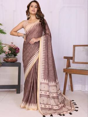 Brown linen  saree with blouse 5