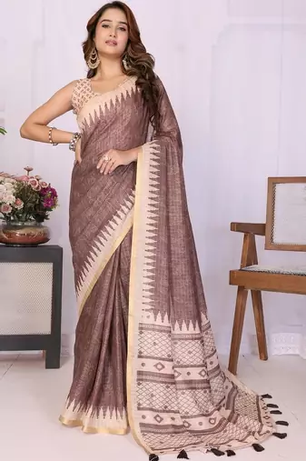 Brown linen  saree with blouse